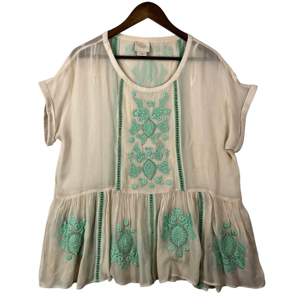Vanessa Virginia Women Antala Peplum Blouse 10 Cream Mint Embroidered Sheer Boho